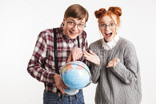 Foto stock: Feliz · casal · escolas · terra · globo