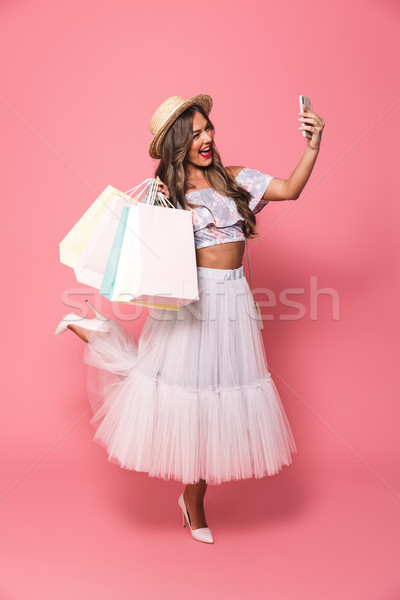 Foto stock: Retrato · cute · mujer · sombrero · de · paja