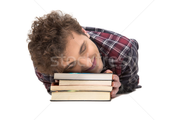 [[stock_photo]]: Heureux · homme · dormir · table · livres · livre