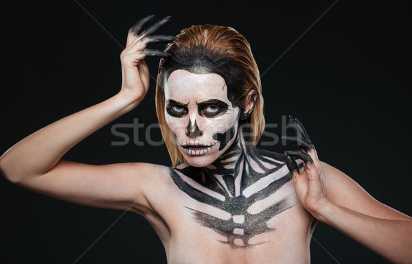 Nő gótikus vérfagyasztó smink pózol fekete Stock fotó © deandrobot