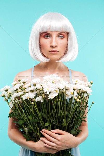 美しい ブロンド 若い女性 花 ストックフォト © deandrobot
