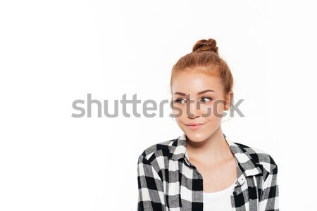 Close up image of smiling ginger woman in shirt Stock photo © deandrobot