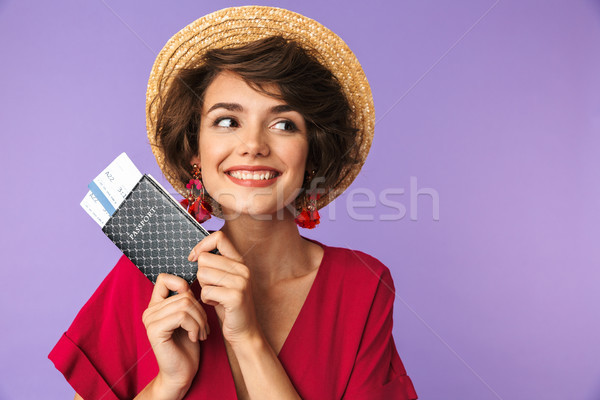 Portrait of a lovely young girl in straw hat Stock photo © deandrobot