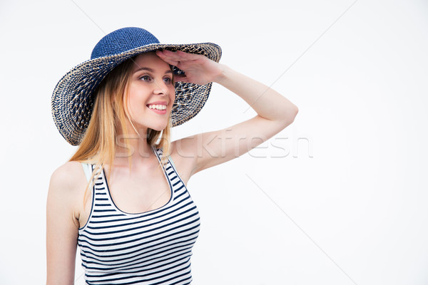 счастливым Cute женщину Hat глядя расстояние Сток-фото © deandrobot