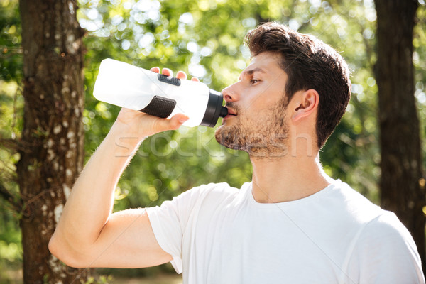 Stock foto: Gut · aussehend · junger · Mann · Athleten · Trinkwasser · Wald