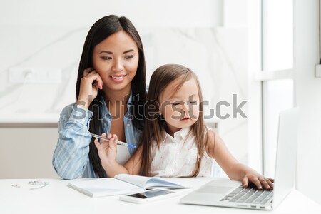 Woman with little daughter at home indoors make selfie Stock photo © deandrobot