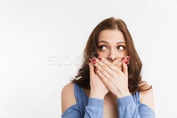 Foto stock: Retrato · surpreendido · mulher · jovem · mãos · isolado