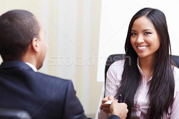 Closeup portrait of two successful business executive exchanging business card Stock photo © deandrobot