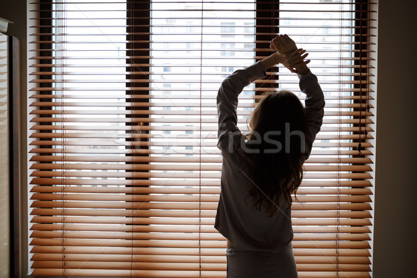 Ver de volta mulher em pé janela silhueta estilo de vida Foto stock © deandrobot