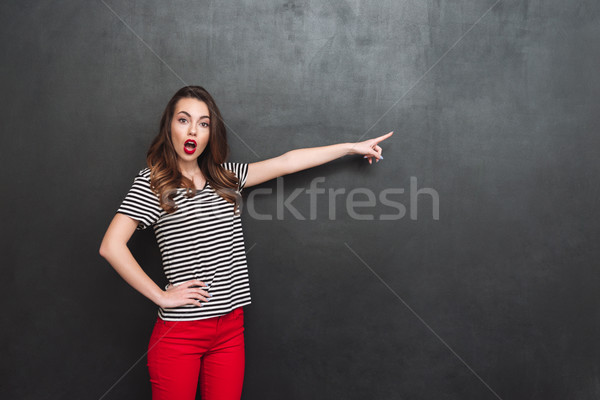 Shocked woman pointing away and looking at camera Stock photo © deandrobot