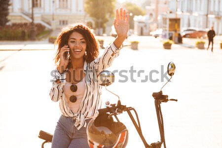 Foto stock: Feliz · africano · mulher · sessão · moderno · motocicleta