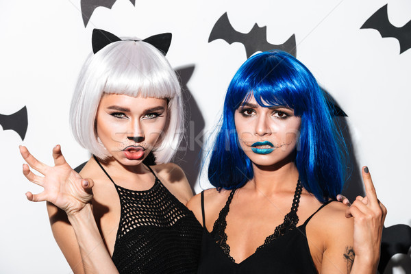 Deux sérieux jeunes femmes halloween costumes image Photo stock © deandrobot