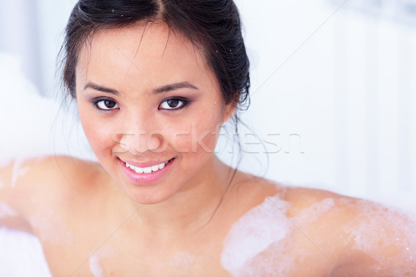 Stock foto: Porträt · glücklich · asian · Frau · ruhend