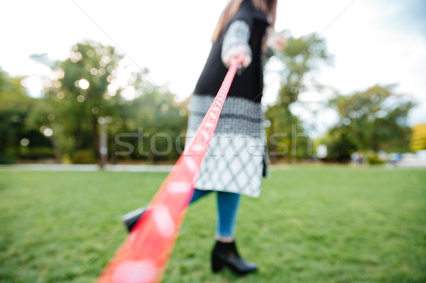 商業照片: 狗 · 拴住 · 女子 · 步行 · 草坪 · 公園