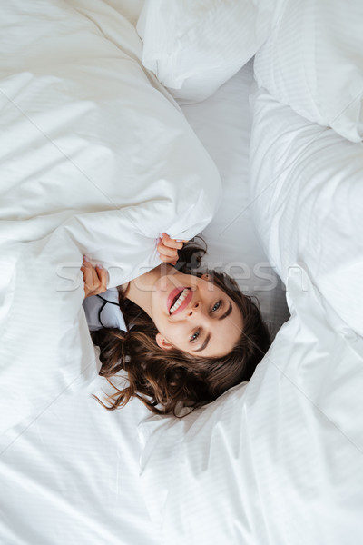 Foto stock: Sonriendo · jóvenes · dama · mentiras · cama · imagen