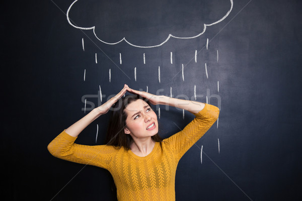 Annoyed woman covering head from rain drawn on chalkboard background  Stock photo © deandrobot