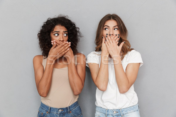 Portrait of two shocked women covering mouths Stock photo © deandrobot