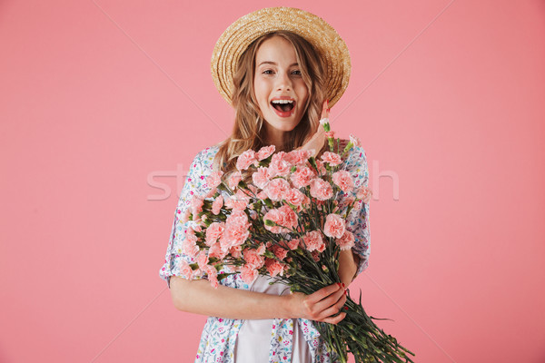 Retrato excitado verano vestido sombrero de paja Foto stock © deandrobot