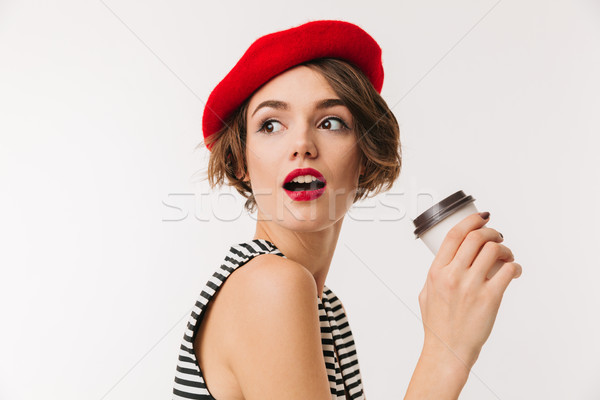 Portret pretty woman czerwony beret Zdjęcia stock © deandrobot