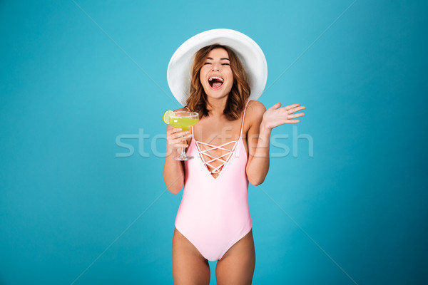 Portré derűs lány fürdőruha nyár kalap Stock fotó © deandrobot