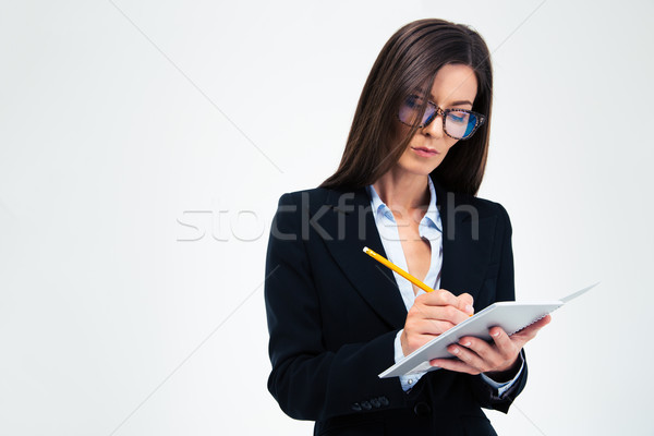 [[stock_photo]]: Femme · d'affaires · écrit · note · portable · belle · verres