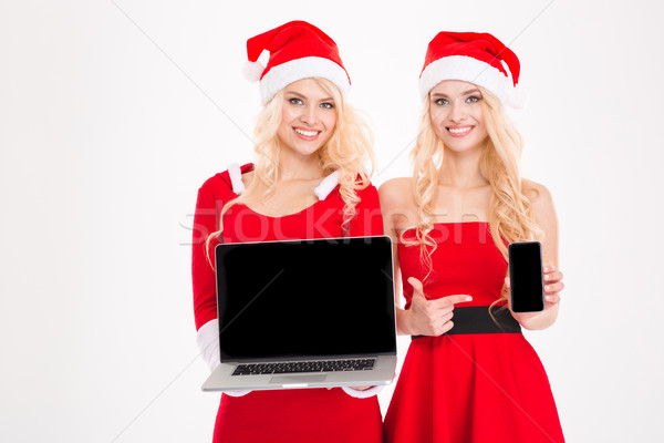 Nővérek ikrek tart mobiltelefon laptop képernyő Stock fotó © deandrobot