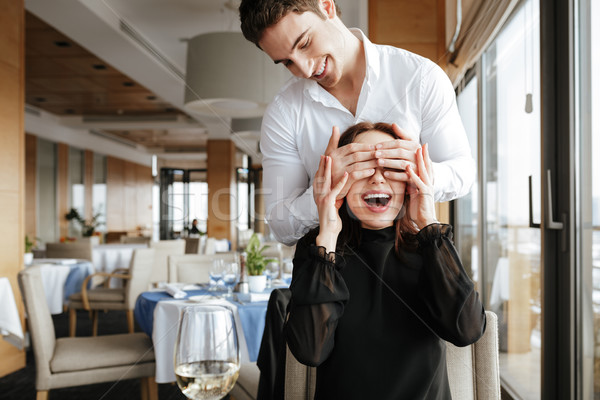 Foto stock: Feliz · mulher · restaurante · homem · atrás · vestir