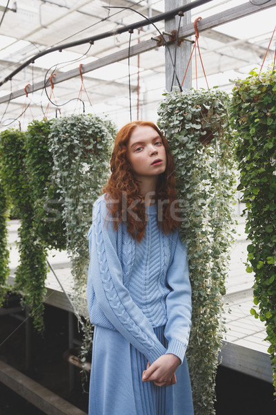 Girl standing near climbing plants Stock photo © deandrobot