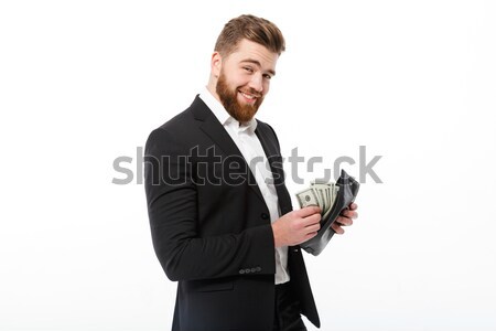 Foto stock: Feliz · barbudo · homem · de · negócios · bolsa · dinheiro