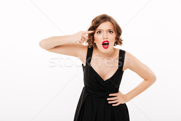 портрет сердиться девушки черное платье пальца Сток-фото © deandrobot