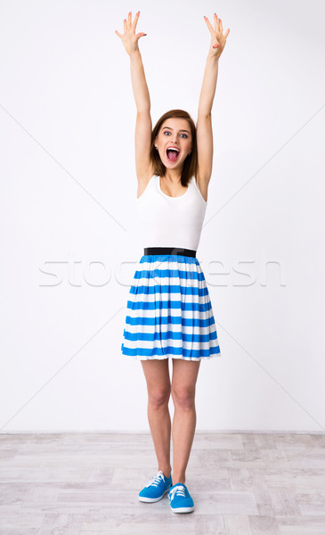 Retrato engraçado mulher as mãos levantadas para cima Foto stock © deandrobot