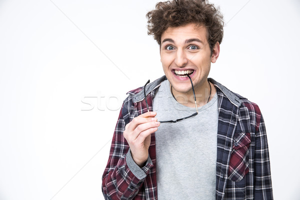 Foto stock: Retrato · feliz · homem · óculos · cinza