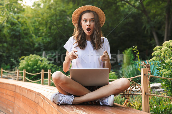 感到驚訝 年輕的女孩 坐在 筆記本電腦 公園 戶外活動 商業照片 © deandrobot