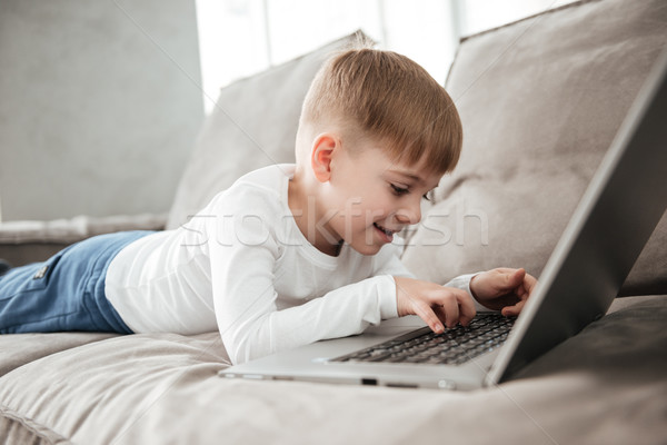 快樂 男孩 使用筆記本電腦 計算機 謊言 沙發 商業照片 © deandrobot