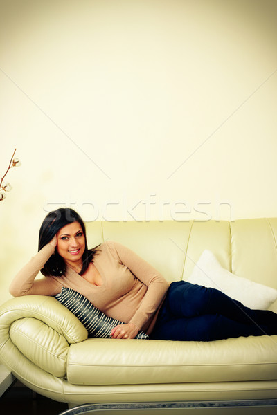 Foto stock: Retrato · feliz · mulher · sofá · menina