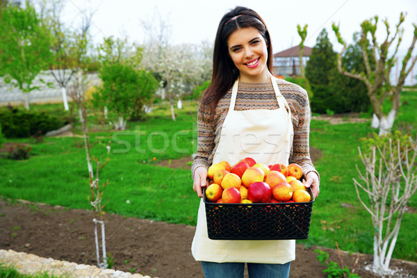 [[stock_photo]]: Femme · panier · pommes · jardin