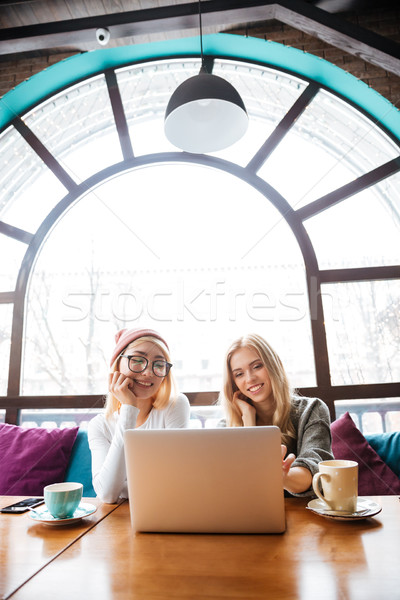 Two cheerful women sitting and using laptop in cafe Stock photo © deandrobot