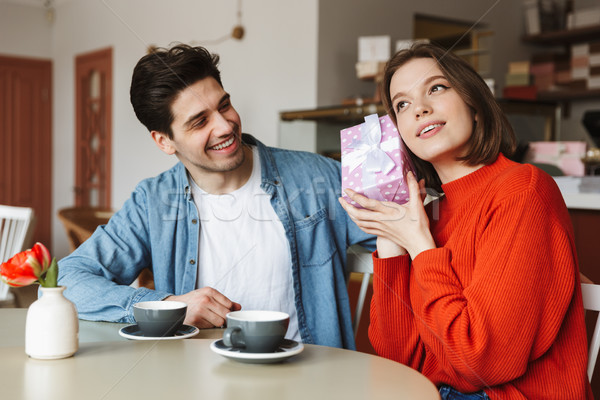 Foto stock: Animado · sessão · café · tabela · apresentar