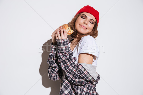 Foto stock: Senhora · camisas · gaiola · alimentação · burger · foto