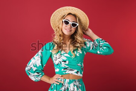 Cheerful happy lady with cola and popcorn wearing 3d glasses Stock photo © deandrobot
