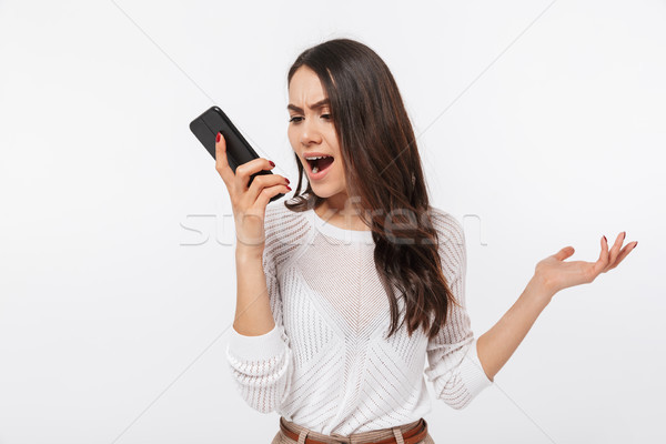 Portret wściekły asian kobieta interesu telefonu komórkowego Zdjęcia stock © deandrobot