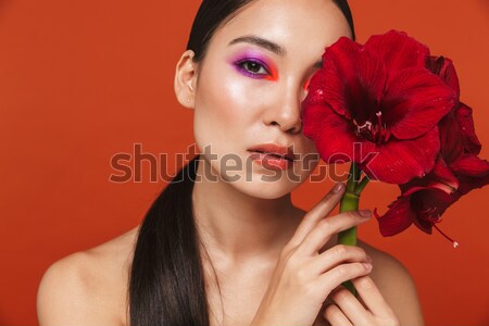 Porträt schöne Frau halten rote Rose nachschlagen Blume Stock foto © deandrobot