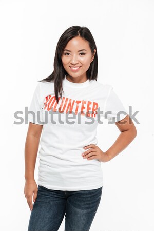 Trendy lächelnde Frau posiert isoliert weiß schauen Stock foto © deandrobot