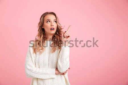 Nő beszél telefon mutat ujj ajkak Stock fotó © deandrobot