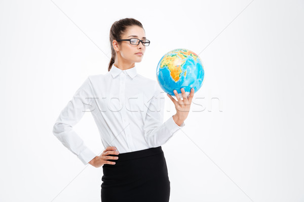 Foto stock: Pensativo · atraente · jovem · mulher · de · negócios · terra