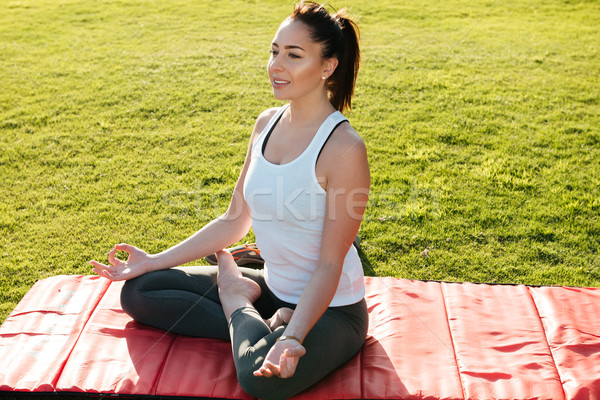 Peaceful woman sitting in lotus pose and meditating on lawn Stock photo © deandrobot