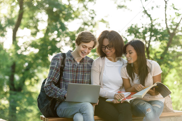 Foto stock: Feliz · estudantes · sessão · estudar · ao · ar · livre · usando · laptop