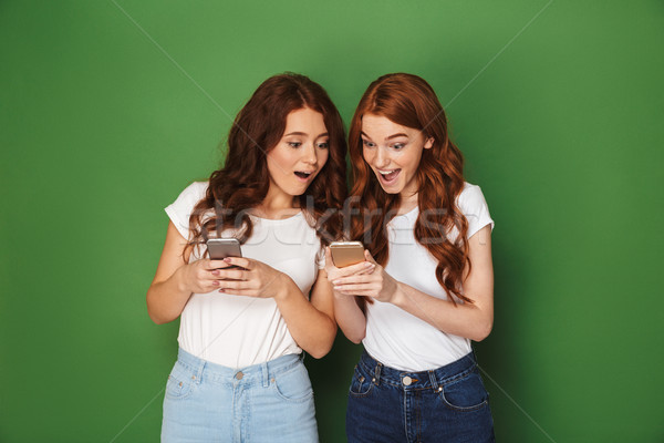 Portrait of two cute women with red hair using cell phones with  Stock photo © deandrobot