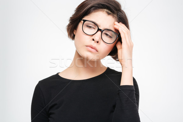 Vrouw permanente hoofdpijn geïsoleerd witte ogen Stockfoto © deandrobot
