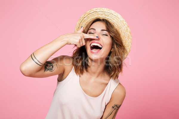 Portré mosolyog vicces lány nyár kalap Stock fotó © deandrobot